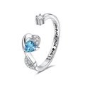 Polished silver adjustable heart ring with blue zircon, crown detail and engraving - Adjustable Open / December-Blue Zircon