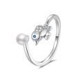 Adjustable silver ring featuring a bird with blue gemstone eye and a round pearl accent - Adjustable Open / White Gold