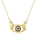Golden necklace with hugging hands pendant featuring an evil eye motif and crystals - Gold