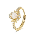 Adjustable golden opal ring featuring crescent moons and white zircon pave setting - Adjustable Open / Gold