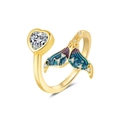 Fishtail open ring with purple gradient enamel and heart cubic zirconia gemstone - Adjustable Open / Gold