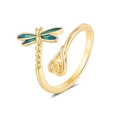 Elegant 18K gold dragonfly ring featuring blue-green enamel and adjustable open band - Adjustable Open / Gold