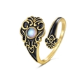 Vintage Goldring mit schwarzem Emaille, Barockmuster und opalartigem Mondstein im Zentrum - Einstellbar Offen / Gold