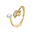 Adjustable golden bird ring with white pearl and blue gemstone accents in polished finish - Adjustable Open / Gold