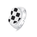 Silver checkerboard heart ring with a stylish black and white pattern in open design - Heart Shape / White Gold