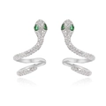 Serpent-shaped silver ear cuffs featuring white pavé stones and green gemstone eyes - White Gold
