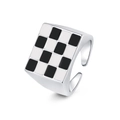 Silver checkerboard enamel heart ring with black and white pattern and open adjustable band - Rectangle / White Gold