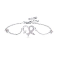 Bracelet coeur en argent avec ruban en zircon rose et petit pendentif en forme de croix - Or Blanc