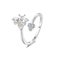 Adjustable silver bee ring with moonstone and honeycomb patterns set with zircon - Adjustable Open / Silver