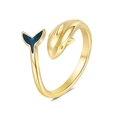 Golden dolphin open ring featuring elegant blue enamel tail on white background - Adjustable Open / Gold