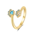 Golden pet paw open ring with heart-shaped sky blue gemstone and colorful zircon - Adjustable Open / Gold