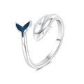 Adjustable silver dolphin ring featuring blue enamel fishtail in a Korean dreamlike style - Adjustable Open / White Gold