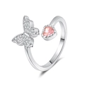 Silberner Schmetterlingsring mit weißen Zirkonia und rosa herzförmigem Edelstein - Einstellbar Offen / Weißgold