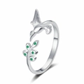 Adjustable hummingbird and green gemstone leaf ring in silver finish on white background - Adjustable Open / White Gold