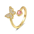 Verstellbarer goldener Schmetterlingsring mit rosa Herzstein und weißen Kristallen - Einstellbar Offen / Gold