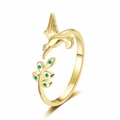 Golden hummingbird open ring featuring green leaf-shaped gemstones and crystal accents - Adjustable Open / Gold
