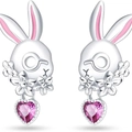 Orecchini a lobo a coniglietto con zircone a cuore rosa e dettagli floreali argento - Oro Bianco