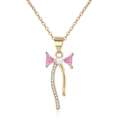 Elegant gold bow necklace with pink stones and pearl, minimalist jewelry piece - Pearl Bowknot