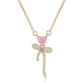 Elegant gold-plated necklace featuring a pink heart stone and a ribbon bow charm - Heart Pattern Bow