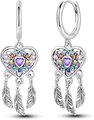 Orecchini acchiappasogni arcobaleno con zirconi, ciondolo a cuore e piume d'argento - Platino/Zircone Multicolore