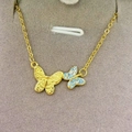 Collana doppia farfalla dorata con zirconi blu chiaro e dettagli in metallo strutturato - Oro