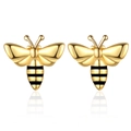Pendientes de abeja en oro pulido con rayas negras sobre fondo blanco con reflejos suaves - Pendientes de Botón de Abeja Dorada 3D (KL04811)