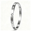 Close-up of silver stainless steel cuff bracelet with clover cutout and inset crystals - Steel Color Five-Leaf Flower Zirconia Style