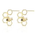 Pendientes de abeja dorados en forma de panal con esmalte negro y reflejo de espejo - Pendientes de Abeja Panal Hexágono Geométrico (KL04812)