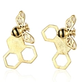 Golden honeybee and honeycomb stud earrings with matte texture and black stripe detail - Matte Golden Honeycomb Bee Studs (KL04816)
