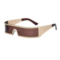 Fashionable shield sunglasses with golden metal frame and brown translucent lenses - Gold Frame Tea Lens (C4)
