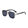 Vintage square sunglasses with black and silver double bridge frame and metal M hinge - C4 Shiny Black Silver Frame Gray Lens