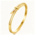 Elegant gold bow-shaped titanium steel bracelet with micro-pave crystals and side hinge - Ribbon Bow Gold Zirconia Style (43A-E-1)