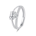 Silver rotatable spinner ring with four beads and flower charm for anxiety relief - Adjustable Open / Butterfly - Platinum