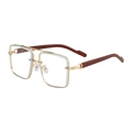 Square double-bridge sunglasses with gold frame and brown wood grain temples - Gold Frame Blue Light Blocking Clear Lens (C4)