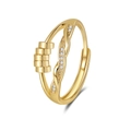 Adjustable golden anxiety ring with rotating beads and sparkling cubic zirconia stones - Adjustable Open / Knot - Gold