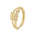 Adjustable gold stress relief ring featuring three zircon hearts and a sliding bead detail - Adjustable Open / Linked Hearts - Gold