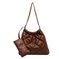Brown quilted leather bucket bag with gold chain strap and matching small pouch - Brown