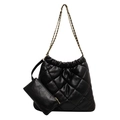 Large black quilted bucket shoulder bag with chain strap and matching small pouch - Black