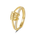 Adjustable gold rotatable bead ring with cubic zirconia bow tie and sliding beads - Adjustable Open / Bow - Gold