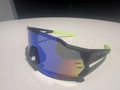 Sport cycling sunglasses featuring blue mirrored lenses and black frames with neon green tips - Black Frame Green Mirror