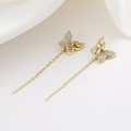 Elegant gold butterfly tassel threader earrings with cubic zirconia stones for women - Gold