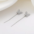 Pendientes de mariposa de plata con circonitas brillantes y borlas largas de cadena - Oro Blanco