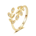 Crossed leaf open ring in gold finish with sparkling cubic zirconia leaf patterns - Adjustable Open / Gold