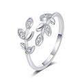 Polished silver leaf crossover ring with sparkling zircon stones in an open adjustable design - Adjustable Open / White Gold