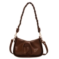 Dark brown pleated faux leather shoulder bag with chic braided strap and gold hardware - Brown