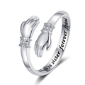 Silver hugging hands ring with diamonds and Always sister forever friend engraving - Always sister forever friend