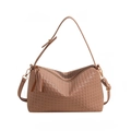 Elegante nude gewebte Boston Tasche mit verstellbarem Gurt und dekorativer Quaste - Khaki