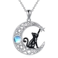 Collana con luna e pietra di luna con ciondolo gatto nero in finitura lucida - Oro Bianco