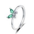 Macro view of silver adjustable open ring with green marquise and clear round stones - Green Marquise Butterfly Style (KL08 White Gold)