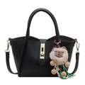 Black vintage trapezoid bucket bag with lychee texture, gold lock and plush charm - With Pendant / Black